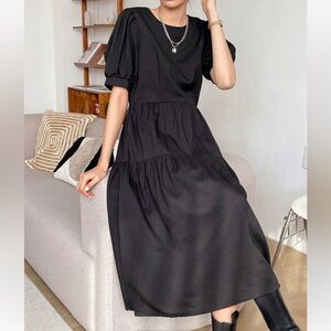 Puff sleeve ruffle hem back zip dress -L